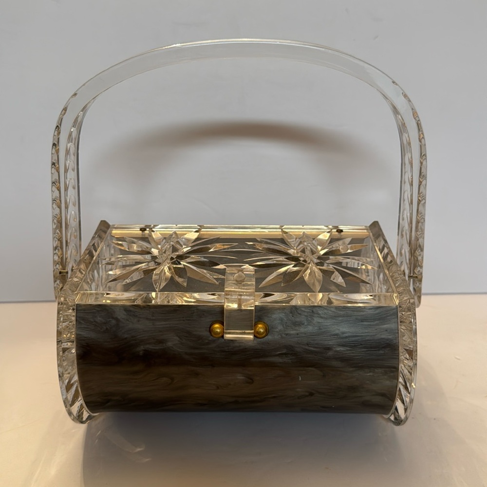 Vintage Lucite Purse With Atomic Starburst & Marbled Gray